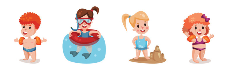 Kids at Seaside Swimming with Rubber Ring and Building Sand Castle Vector Set