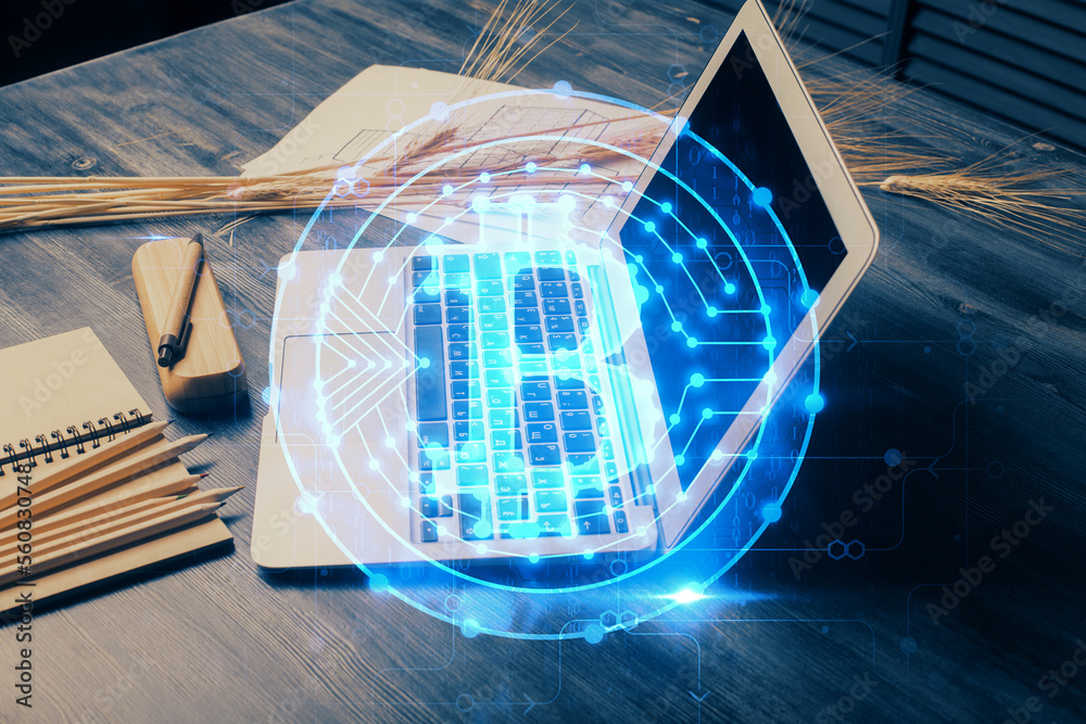 Poster Double exposure of blockchain and crypto economy theme hologram and table with computer background. Concept of bitcoin cryptocurrency.