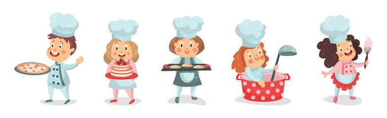Children Chef Characters in Toque and Uniform Cooking Meal Vector Set
