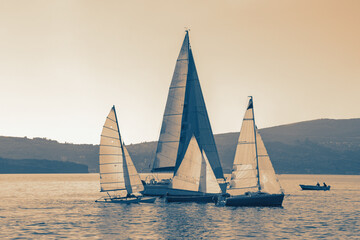 Regatta, sailboats on water. Mediterranean landscape, Montenegro. Toned image