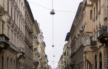Fototapeta na wymiar Lanterns over a street in the old center of Budapest