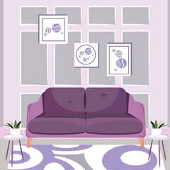 Colored living room with couch and plants indoor design Vector
