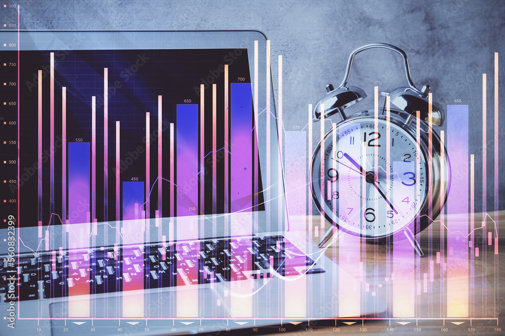Poster Financial graph colorful drawing and table with computer on background. Double exposure. Concept of international markets.