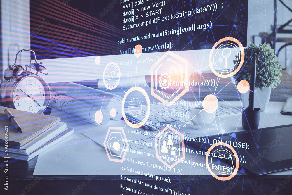 Poster Double exposure of desktop with computer on background and tech theme drawing. Concept of big data.