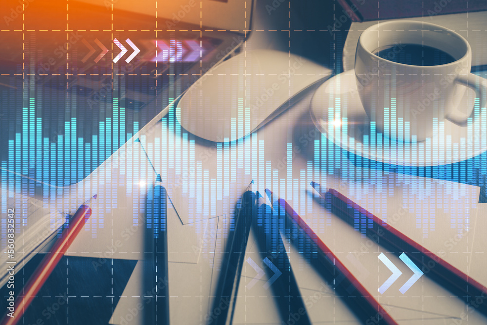 Poster double exposure of forex chart and work space with computer. concept of international online trading