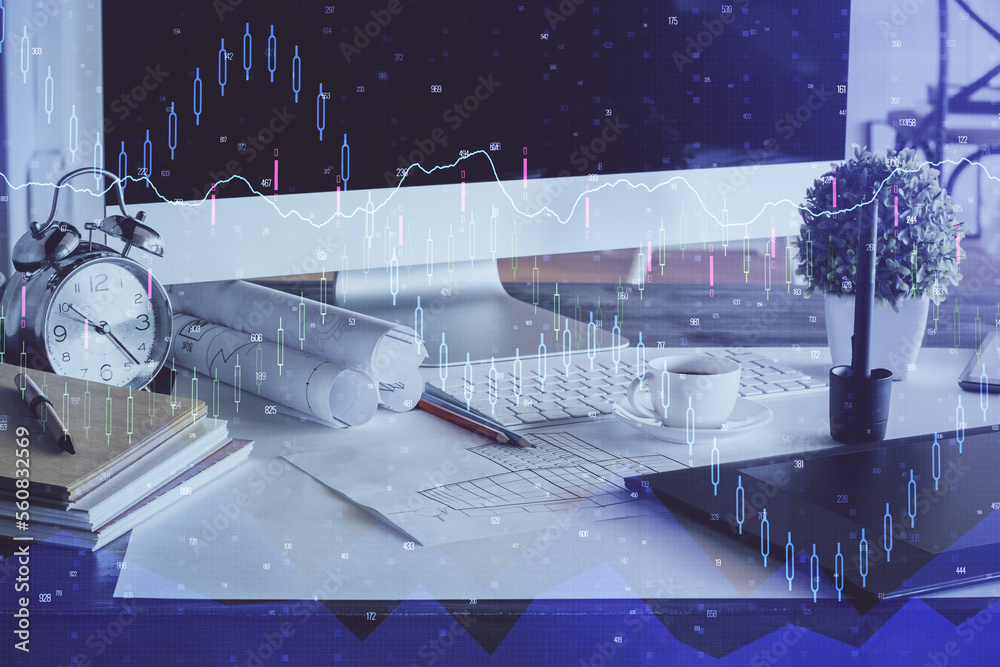 Poster Financial graph colorful drawing and table with computer on background. Double exposure. Concept of international markets.