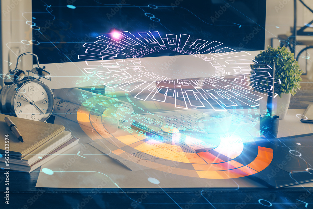 Poster Double exposure of desktop with computer on background and tech theme drawing. Concept of big data.