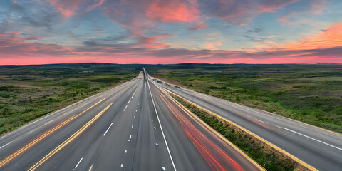 driving on the highway at sunset, road in the middle of nowhere, highway at night