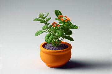 small green orange flower in a tiny plant pot, isolated, white background, 3d illustration digital generative ai design art style