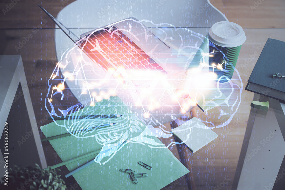 Poster double exposure of desktop computer and human brain drawing hologram. ai concept.