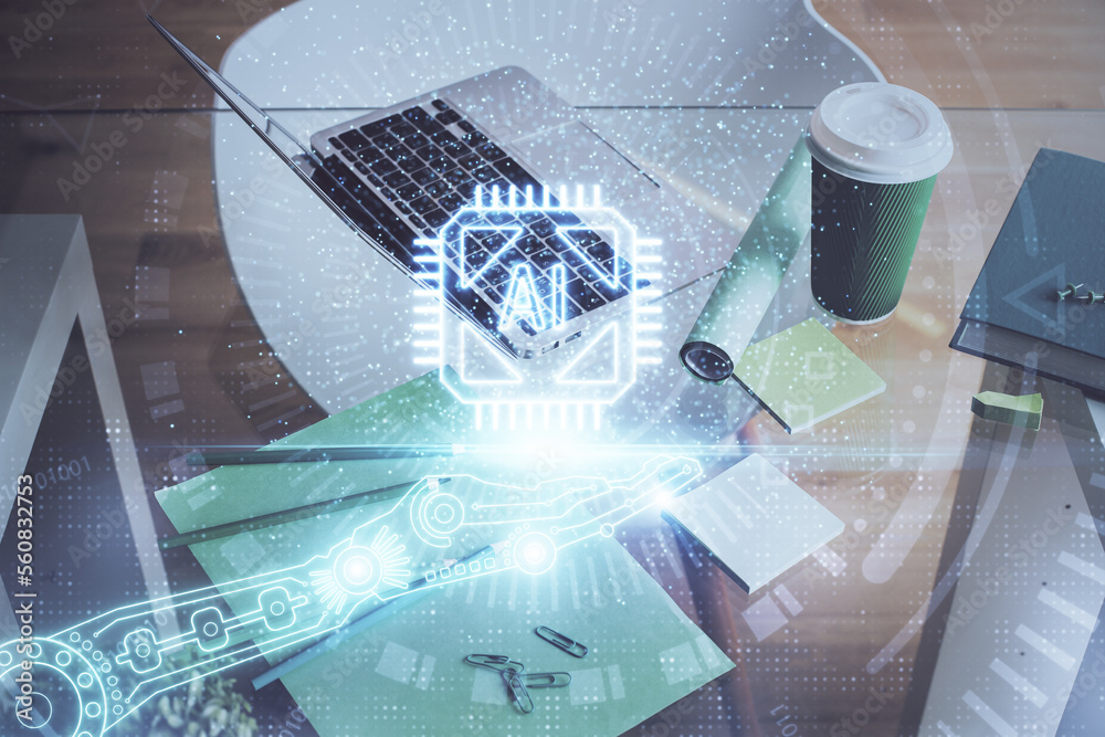 Poster Double exposure of desktop with personal computer on background and tech theme drawing. Concept of data analysis.