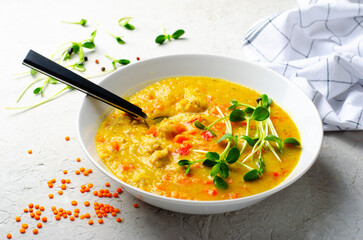 Lentil Soup, Homemade Vegetable Soup with Chicken and Herbs on Bright Background, Healthy Eating