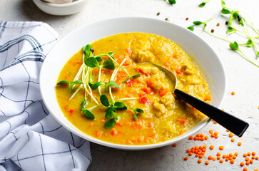 Lentil Soup, Homemade Vegetable Soup with Chicken and Herbs on Bright Background, Healthy Eating