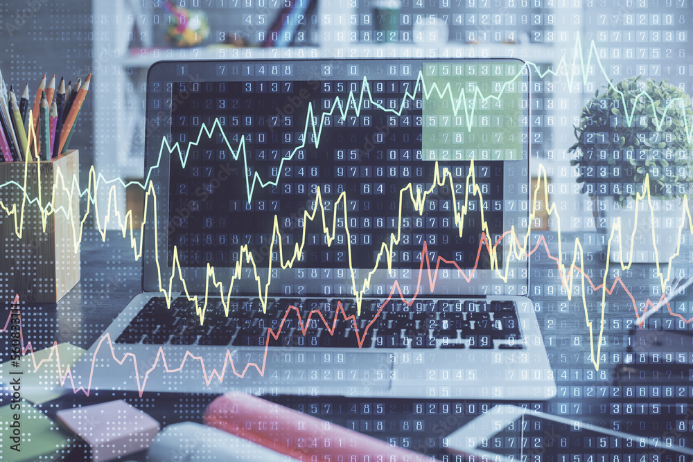 Poster Financial graph colorful drawing and table with computer on background. Double exposure. Concept of international markets.