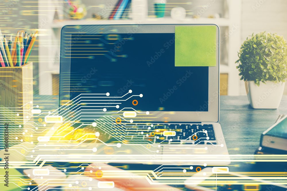 Poster Double exposure of desktop with personal computer on background and tech theme drawing. Concept of data analysis.