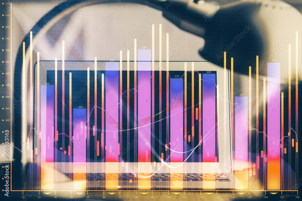 Aufkleber Financial graph colorful drawing and table with computer on background. Double exposure. Concept of international markets.