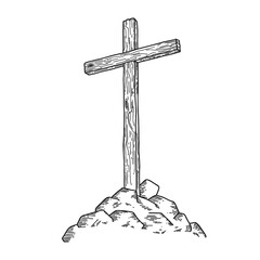 Hand-drawn Christian vector illustration. Wooden cross on a hill. A symbol of the crucifixion of the Lord Jesus Christ.