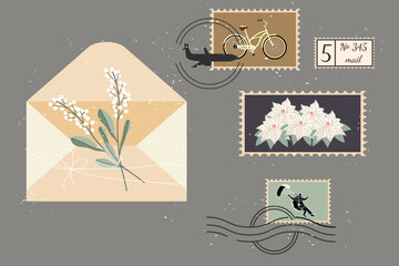Set of stamps and an envelope with flowers. Stamps. Postage. Correspondence. Vector stock illustration. isolated