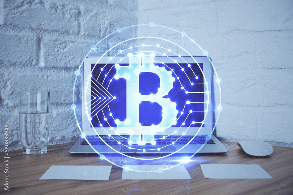 Aufkleber multi exposure of blockchain and crypto economy theme hologram and table with computer background. c