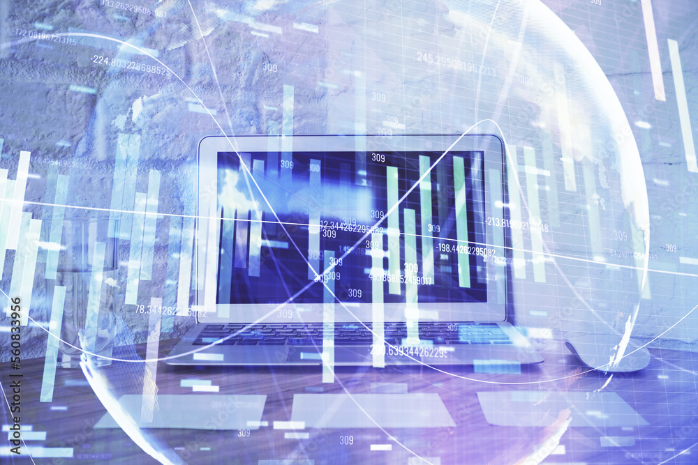Poster Double exposure of business theme icons and work space with computer background. Concept of success.