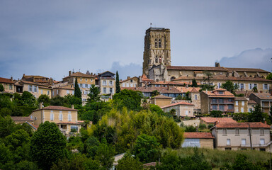 Fototapeta na wymiar View on the bell tower of the Cathedral and the village of Lectoure in the south of France