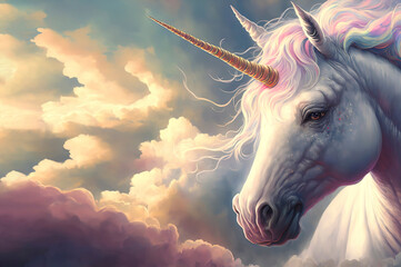 Obraz na płótnie Canvas unicorn with a long horn surrounded by clouds, with rainbows in the background