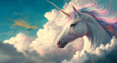 painting of a unicorn in the clouds