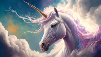 Naklejka na ściany i meble unicorn with colorful hair in the clouds