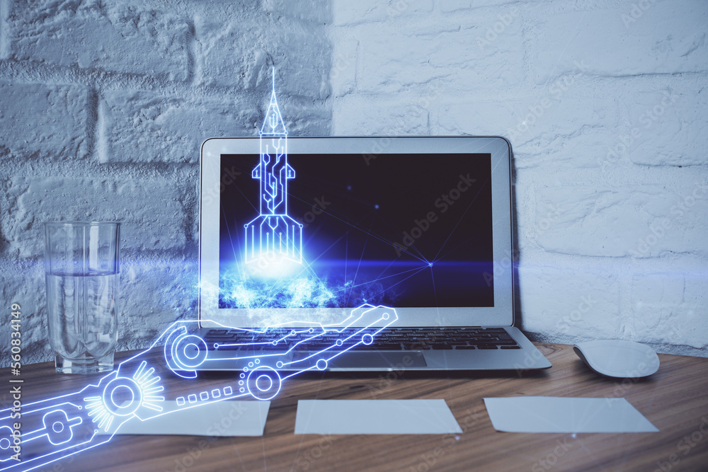 Aufkleber desktop computer background in office and start up theme hologram drawing. double exposure. startup 