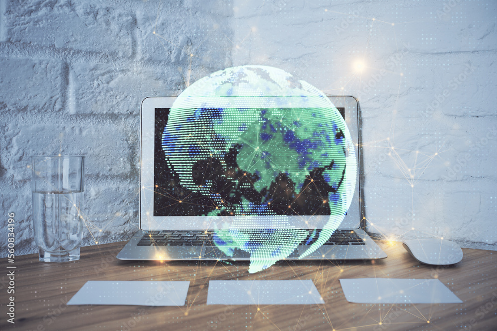 Poster computer on desktop with social network hologram. double exposure. concept of international people c