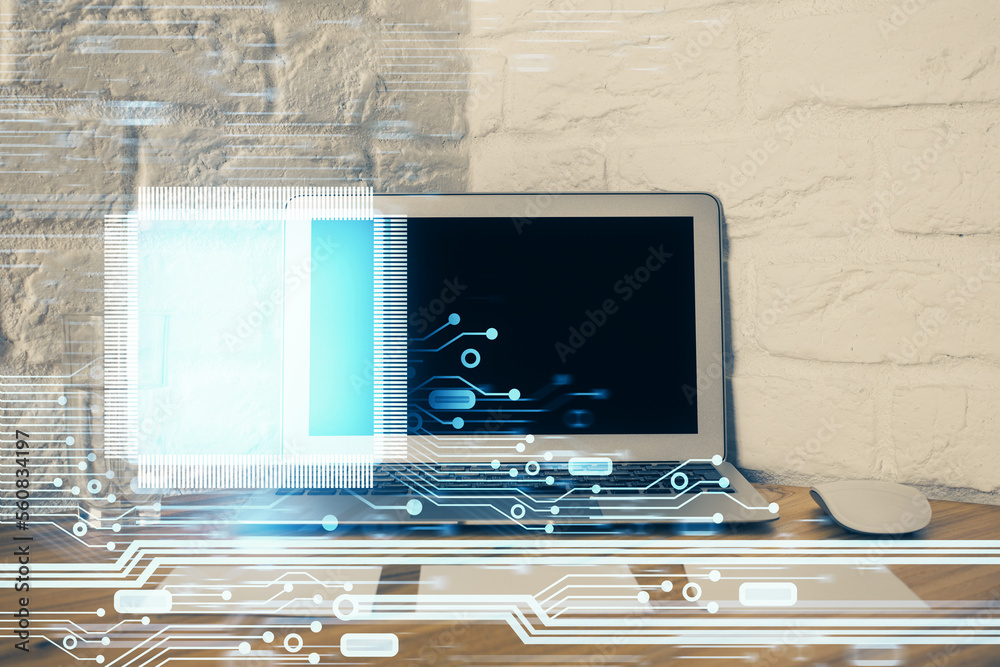 Poster Double exposure of desktop with personal computer on background and tech theme drawing. Concept of Bigdata.
