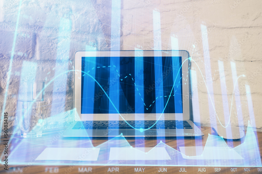 Poster Financial graph colorful drawing and table with computer on background. Double exposure. Concept of international markets.