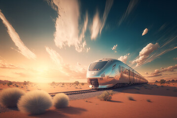Naklejka na ściany i meble Beautiful high speed train in desert at sunset in summer. Generative AI. Modern intercity passenger train, sand, blue sky with clouds. Railway tourism. Railroad. Commercial transportation. Art