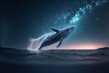 Milky way and whale is jamping from the sea at starry night in winter. Generative AI. Landscape with whale, water and sky with bright stars and galaxy. Nature