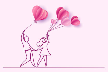 Valentines day card. Happy couple woman and man with air balloons