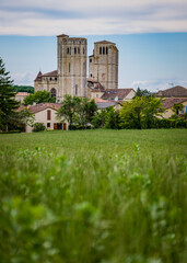 View on the imposing bell towers of the medieval collegiale curch of La Romieu in South of France...
