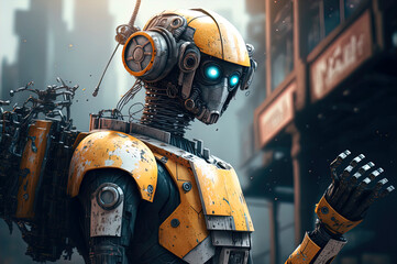 yellow robot that is standing in the street, cyberpunk art