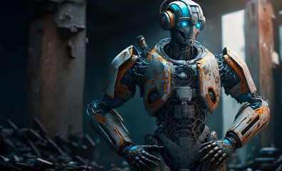 Fototapeta premium robot standing in an industrial setting with his hands on his hips