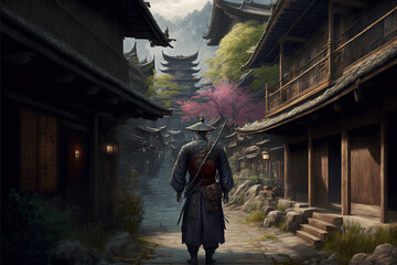 Samurai Standing In Ancient Village Digital Art