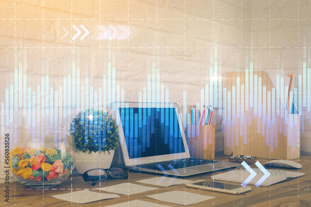 Poster Financial graph colorful drawing and table with computer on background. Double exposure. Concept of international markets.