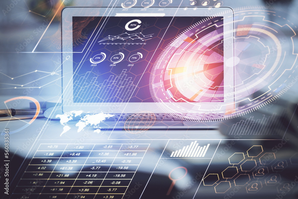 Poster Multi exposure of desktop computer and technology theme hologram. Concept of software development.