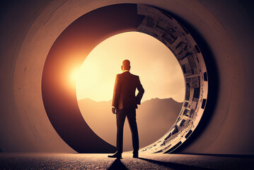 Successful businessman on abstract background. Portal.. - obrazy, fototapety, plakaty