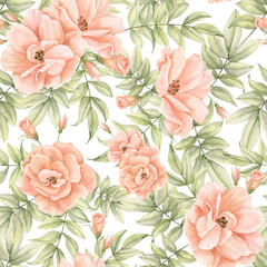 Seamless Pattern with Rose Flowers and leaves. Hand drawn floral background. Illustration for wallpaper or fabric design on isolated background. Botanical ornament in pastel peach and rose colors