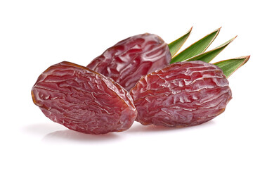 Dates fruit with leaves on white background