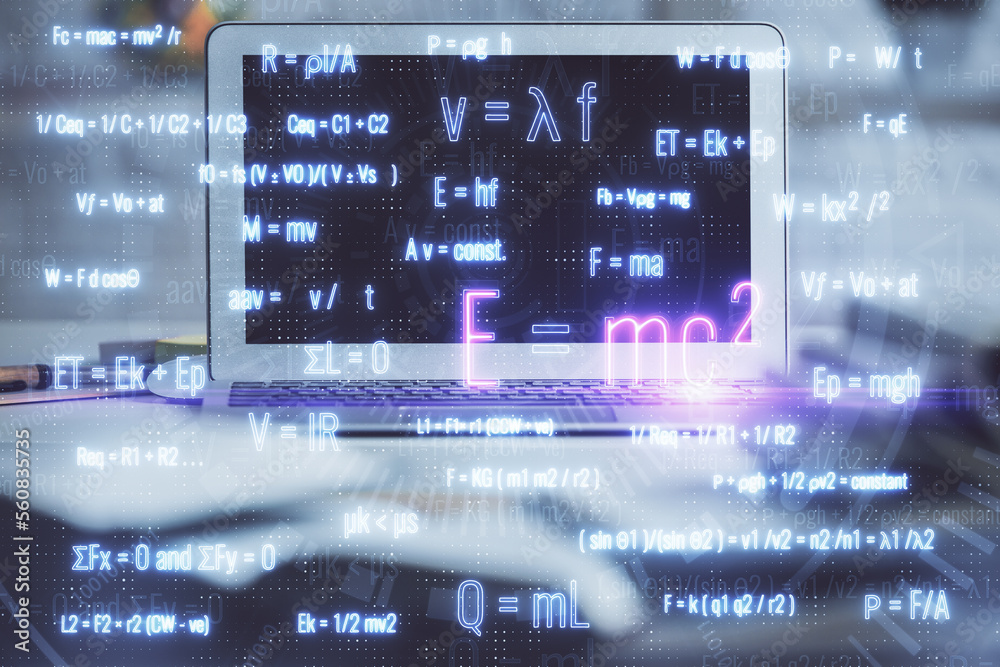 Poster desktop computer background and formula hologram writing. double exposure. education concept.
