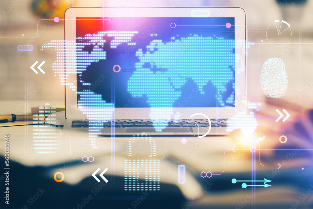Poster Double exposure of desktop with computer and world map hologram. International data network concept.