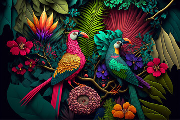 Bring Life and Color to Your Decor with Tropical Forest 3D Digital Art - Multicolor Birds, Plants, and Flowers, , Generative AI