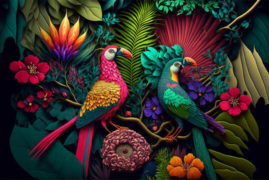 Bring Life and Color to Your Decor with Tropical Forest 3D Digital Art - Multicolor Birds, Plants, and Flowers, , Generative AI © olimpio