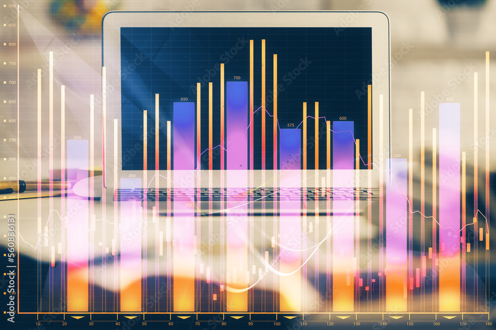 Aufkleber Financial graph colorful drawing and table with computer on background. Double exposure. Concept of international markets.