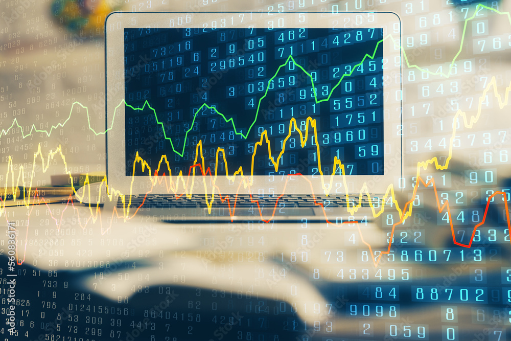 Poster double exposure of forex chart and work space with computer. concept of international online trading